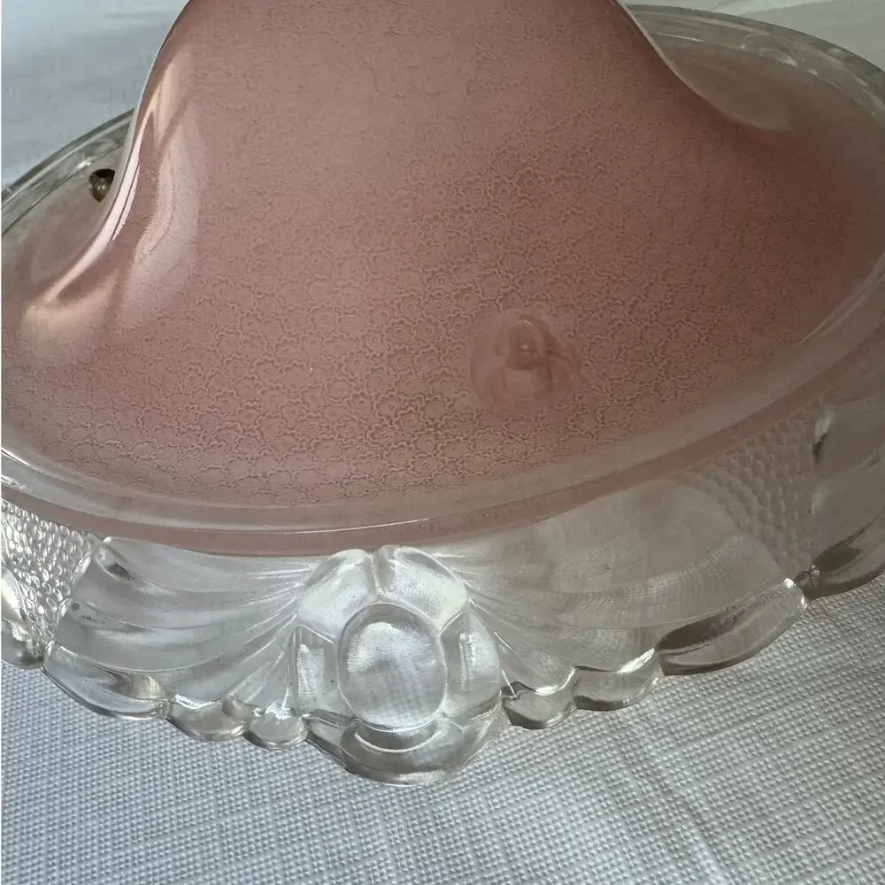 INCOMPLETE Vintage Pink Glass Hanging Ceiling Lamp Shade 3 Hole Scalloped Rim